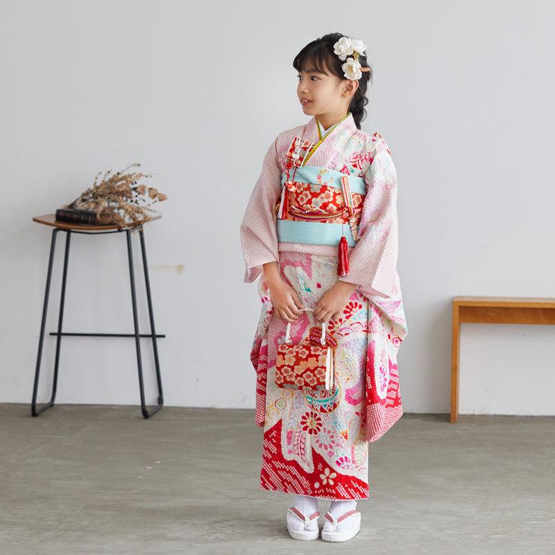 七五三 7歳着物 レンタル フルセット 淡ピンク 総絞り 熨斗束に手毬